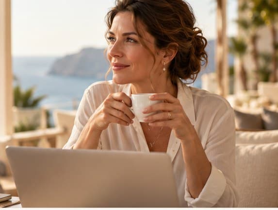 Maklerin mit Kaffee am Laptop auf einer Terrasse am Meer